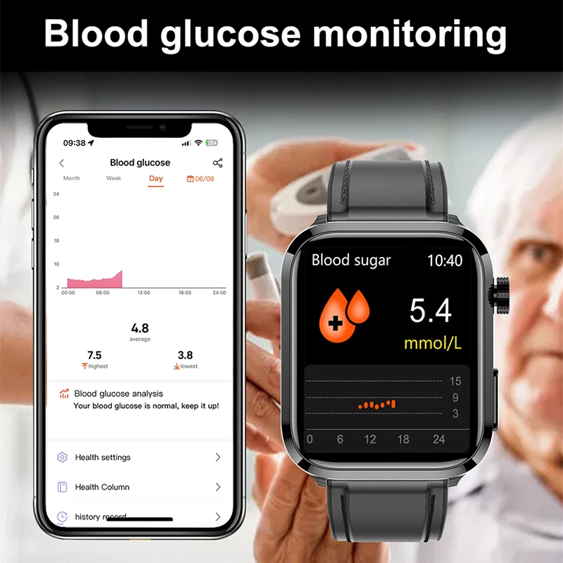 בדיקה לא פולשנית של סוכר בדם שעון חכם בריאות השומנים בדם חומצת שתן מוניטור א. ק. ג+PPG ספורט השעון החכם Bluetooth שיחה Smartwatch גברים