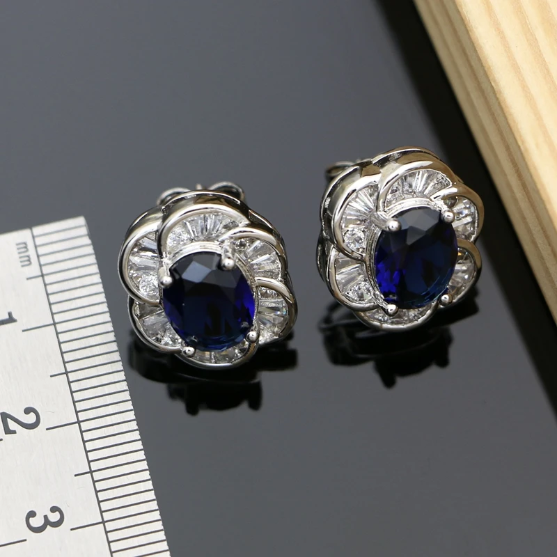 כחול זירקון לבן CZ תכשיטים מגדיר עבור נשים 925 תכשיטי כסף עגילים/תליון/שרשרת/טבעות