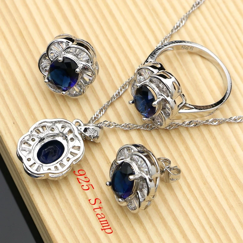 כחול זירקון לבן CZ תכשיטים מגדיר עבור נשים 925 תכשיטי כסף עגילים/תליון/שרשרת/טבעות