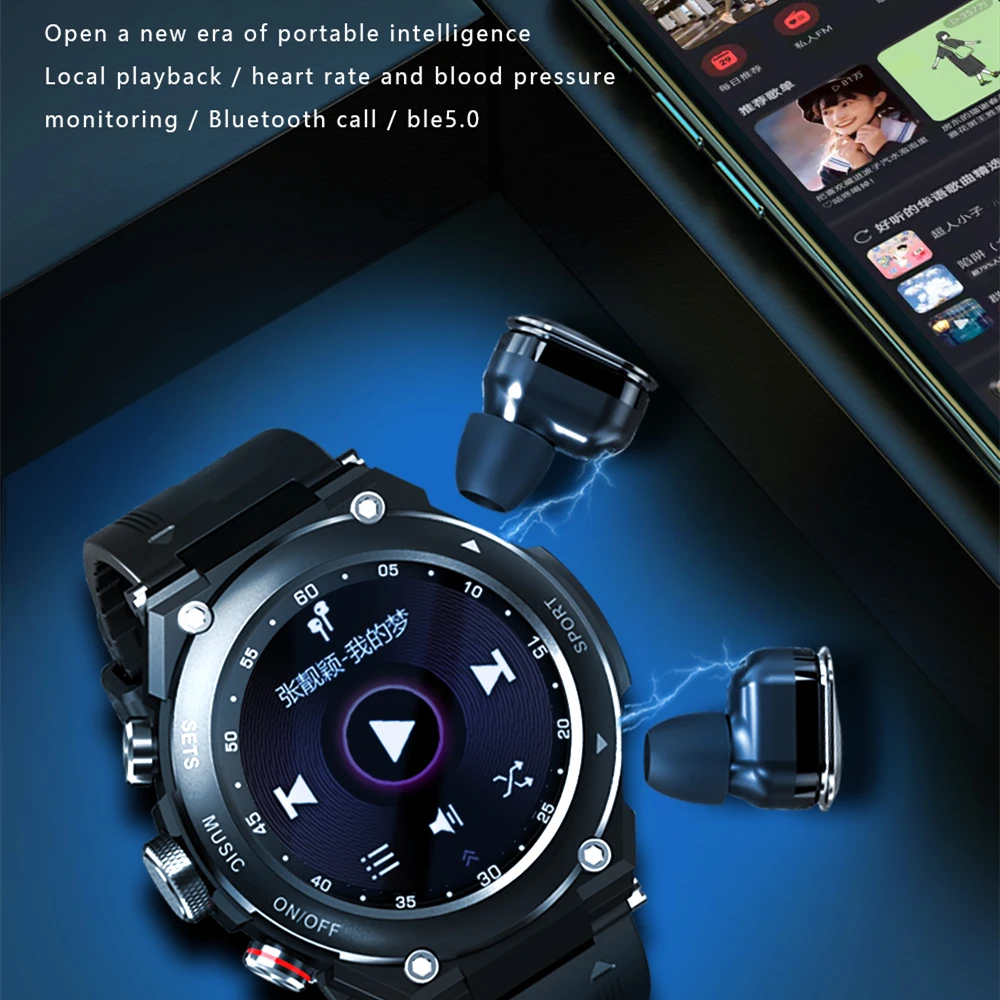 2022 חדש T92 שעון חכם או צמיד 2 ב 1 TWS Wireless האוזניות 1.28 אינץ קצב הלב, לחץ הדם ספורט עמיד למים Smartwatch