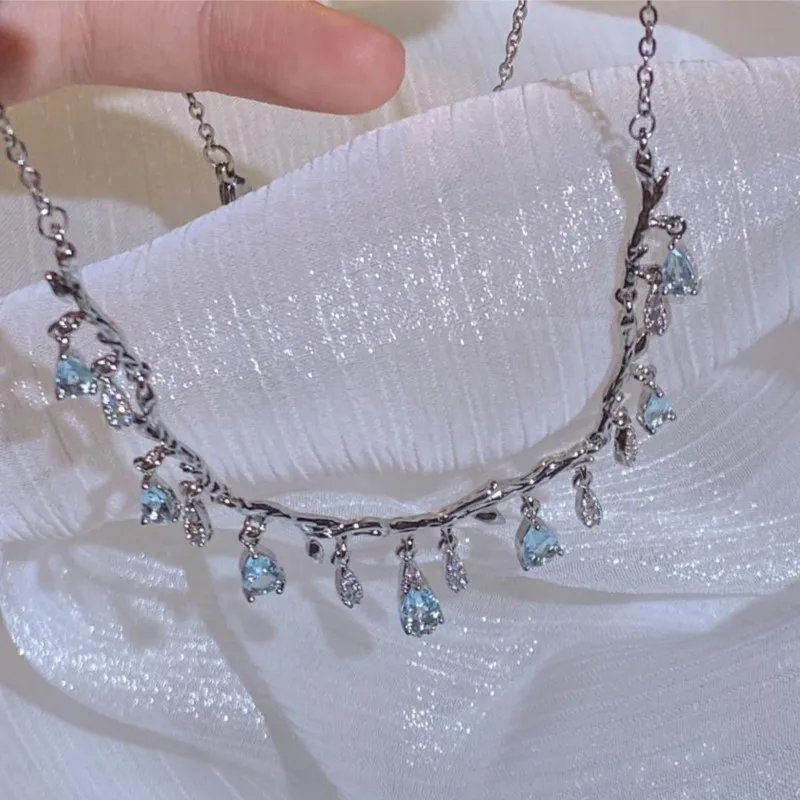 ANENJERY מיקרו-סט כחול טיפת מים קריסטל שרשרת לנשים אור יוקרה עיצוב נישה מבריק קולר צד תכשיטים