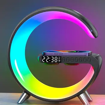 15W אווירה LED RGB אור מטען אלחוטי שעון מעורר מנורת שולחן Bluetooth רמקול עם בקרת יישום עבור IPhone 14 13 12 11 8