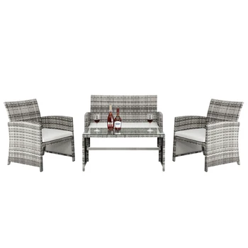 4Pcs רהיטי גן הסט כולל 1 כפול מושב 2 מושב בודד ספה 1 שולחן קפה PE מקל ברזל זכוכית מחוסמת אפור הדרגתי[US-W]