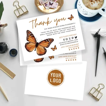 DIY עסקים כרטיסי תודה עם פרפר מדבקות לעריכה & להדפסה צדדים כפולים קלפים עם לוגו לעסקים קטנים