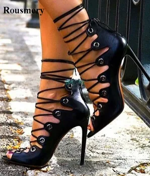 Hot מכירת נשים אופנה בוהן פתוח שרוכים עור שחור עקב גבוה סנדלים לגזור את הרצועה לחצות סנדלי גלדיאטור