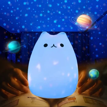 LED לילה אור כוכבים מנורת המקרן חתול נטענת USB סיליקון קריקטורה תינוק ילדים ילדים מנורות ילד ילדה מתנה החדר דקו
