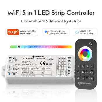 Wifi אור LED הרצועה DC12V/24V 5 1 דימר בקר RGB+CW+WW Tuya הקול מעונן שלט רחוק 2.4 G RF WT5 לעבוד עם אלקסה