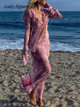 Y2K הדפסה רואה דרך טול שרוול ארוך קפלים תחרה למעלה-סקסי העצום חצאית מקסי קיץ שיפון החוף תלבושות שתי ערכות קטע