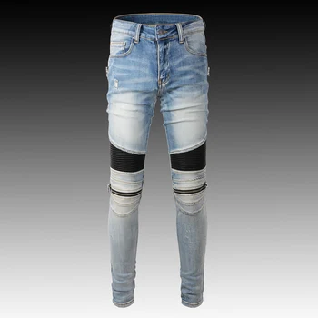 אופנת רחוב אופנה גברים ג 'ינס רטרו כחול אלסטי Slim Fit ג' ינס קרועים גברים משולבים מעצב היפ הופ ג ' ינס מכנסיים אופנוענים גבר