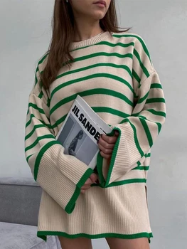 בגדי חורף נשים סוודרים חדשים אופנה קוריאנית O-צוואר רופף פסים לסרוג מושך קט שרוול ארוך העליון OverSize סוודר מגשר