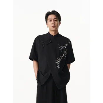 בסגנון סיני משופע Placket אבזם במבוק מודפס קצר שרוול החולצה של הגברים המסורתי טאנג חליפה העליון טאי צ ' י פלוס גודל S-4xl