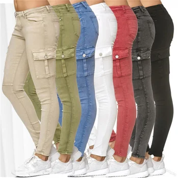 ג ' ינס אישה אביב סתיו 2023 חדש מוצק עמדה בצד רזה עיפרון מכנסיים 7 צבעים בתוספת גודל 3XL גבוהה המותניים רצים נשים מכנסיים
