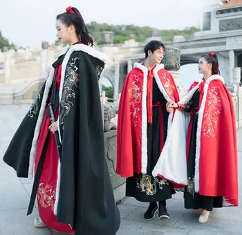 זוגות Hanfu הגלימה סינית עתיקה מסורתית החורף עובי קטיפה שחור הגלימה הגלימה המעיל תחפושות חג המולד עבור גברים/נשים.