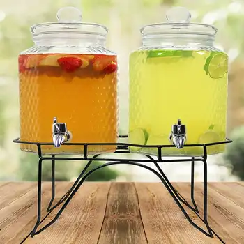 זכוכית כפולה משקה משקה מנפק על עמוד עם דליפה חינם הברז, 1 ליטר אחד את כד המים כוס עם קש לשתייה 