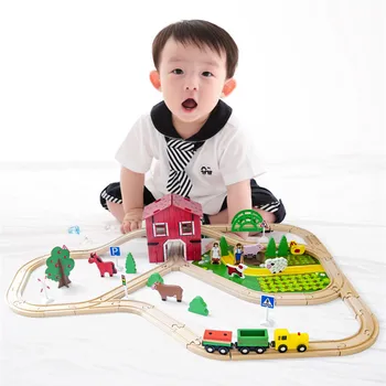 [מצחיק] עץ DIY הרכבה הדמיה חוות החיות מסילת הרכבת מודל מכוניות אבני בניין חינוך צעצועים לתינוק הכי טובה מתנת יום הולדת.