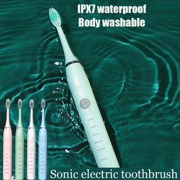 סוניק מברשת שיניים חשמלית נטענת אלקטרונית למבוגרים טיימר 5 מצבי מברשת השיניים IPX7 עמיד למים עם 6 החלפת Brushheads