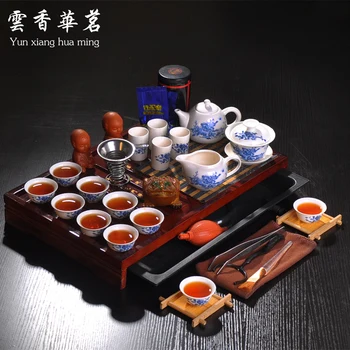 קונג פו תה להגדיר את כל הקומקום סט של כחול ולבן פורצלן קרמיקה קומקום מוצק עץ התה מגש טקס התה