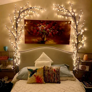קישוטי חג המולד 2023 צמחים מלאכותיים, פרחים עץ ערבה קש אורות 144 LED קיר חדר השינה לסלון עיצוב הבית