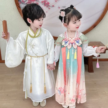 שושלת סונג הסינית סגנון צוואר עגול במבוק רקמה בנים Hanfu החלוק Kawaii ורוד בנות Hanfu השמלה העתיקה ביצועים חליפה